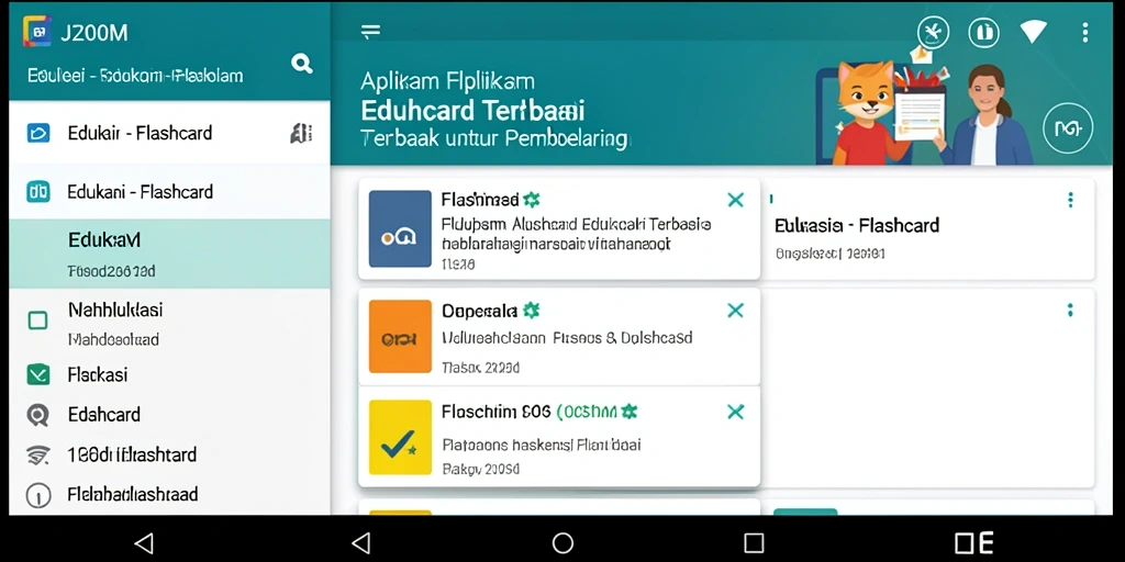Antarmuka pengguna J200M menampilkan cara mudah menggunakan aplikasi Flashcard.