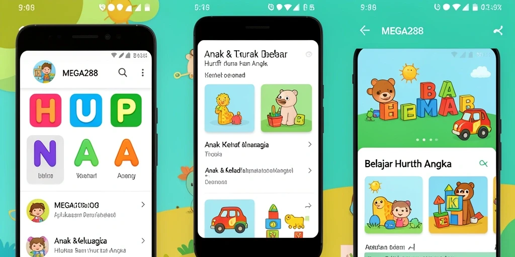 Antarmuka menarik aplikasi MEGA288 dengan kegiatan belajar interaktif.
