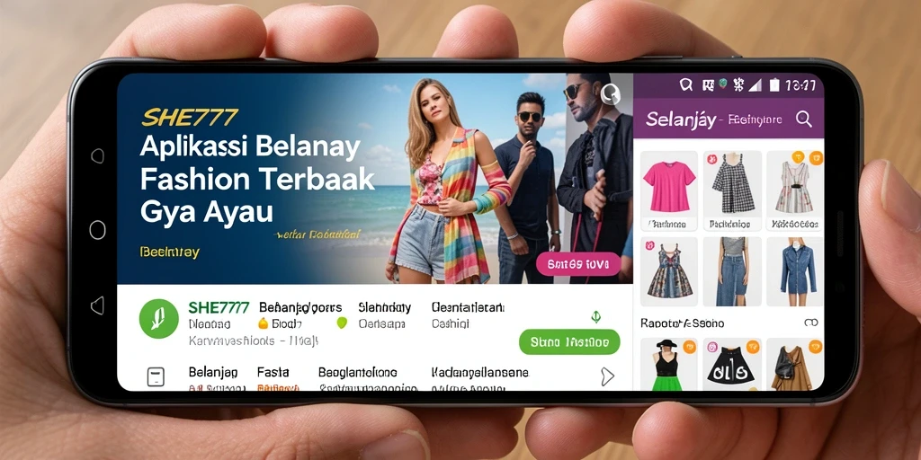 Antarmuka SHE777 menampilkan koleksi fashion terbaru dan fitur pencarian yang mudah.